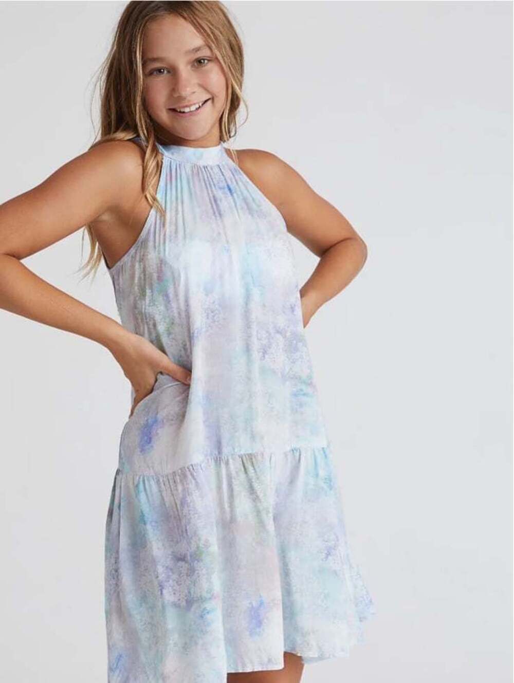 Bella Dahl Girl - Bow Back Halter Dress - Iridescent Aqua, Size 4/5